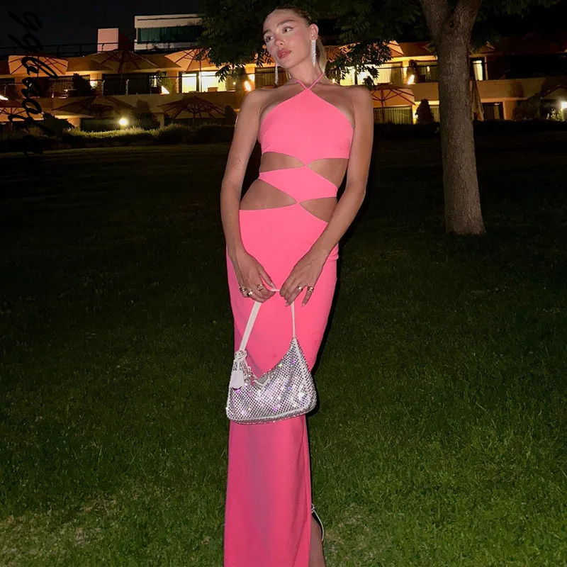

Ggbaofan Elegant Cut Out Sexy Maxi Dresses Sleeveless Backless Pink Outfits Halter Women's Festival Long Dresses Evening