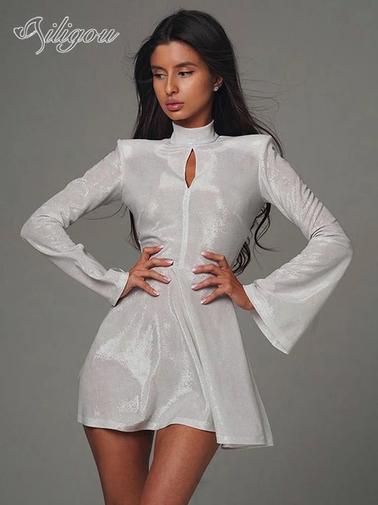 

Ailigou 2022 Summer New Women's Sparkling Body Dress Sexy Turtleneck Flared Sleeve Dress Cutout Dress Mini Club Dress