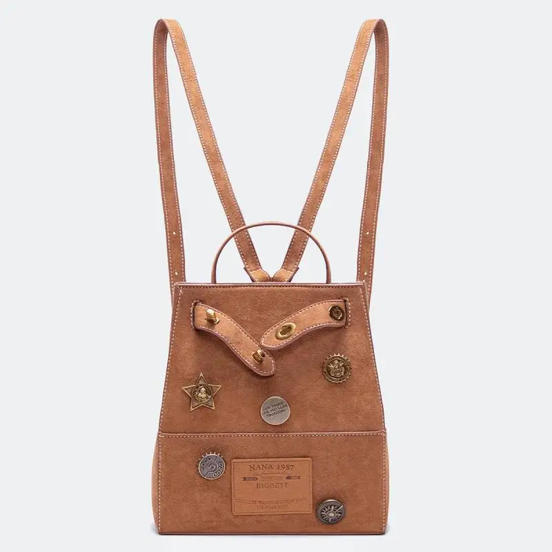 

2023 Original New Design Art Retro Metal Emblem Suede Backpack Fashion Creative Label Double Locking Document Backpack For Women