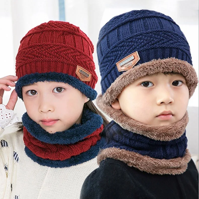 

Autumn Winter Wool Hat Scarf Set Boys Thick Warm Knitted Hat Children Velvet Skullies Beanies Hat Balaclava Kids Bonnet Ski Cap