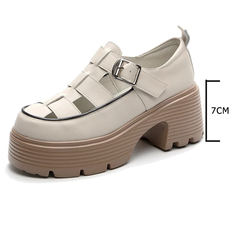 2023 New 7cm Genuine Leather Female Heeled Sandals Hollow Buckle Summer Fashion Platform Wedge Chunky Sneakers Comfy Women Shoes