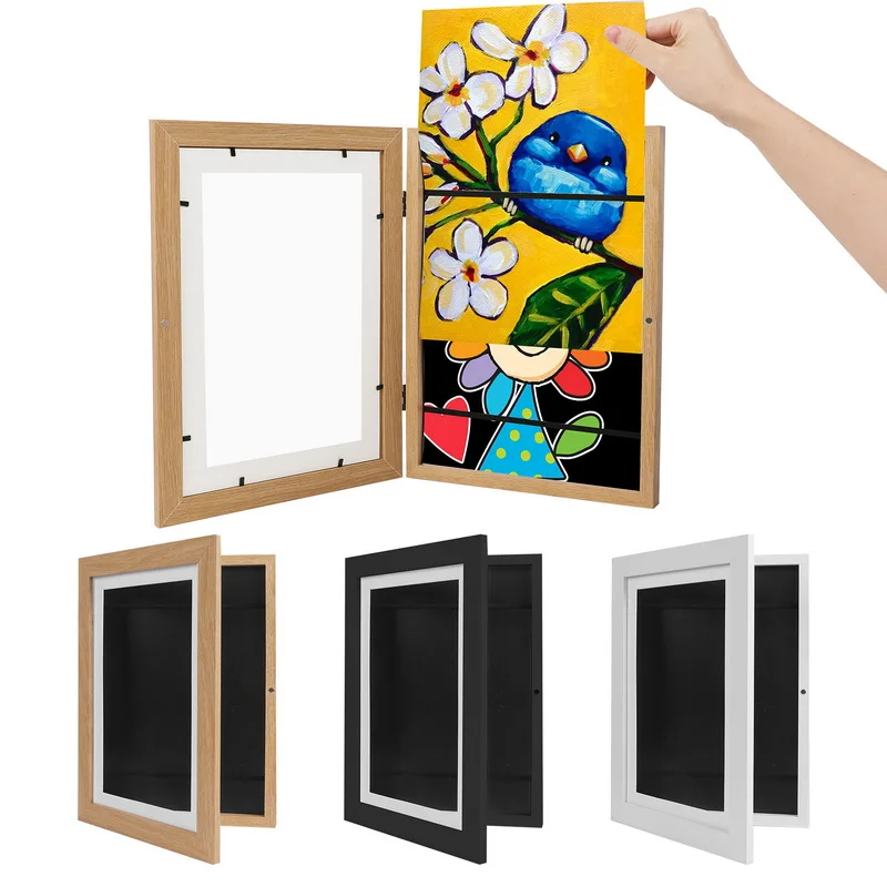 

Wooden Art Picture Frame Front Opening Changeable Photo Frame Display Kids Art Frame Drawing Home Office Storage Picture Display