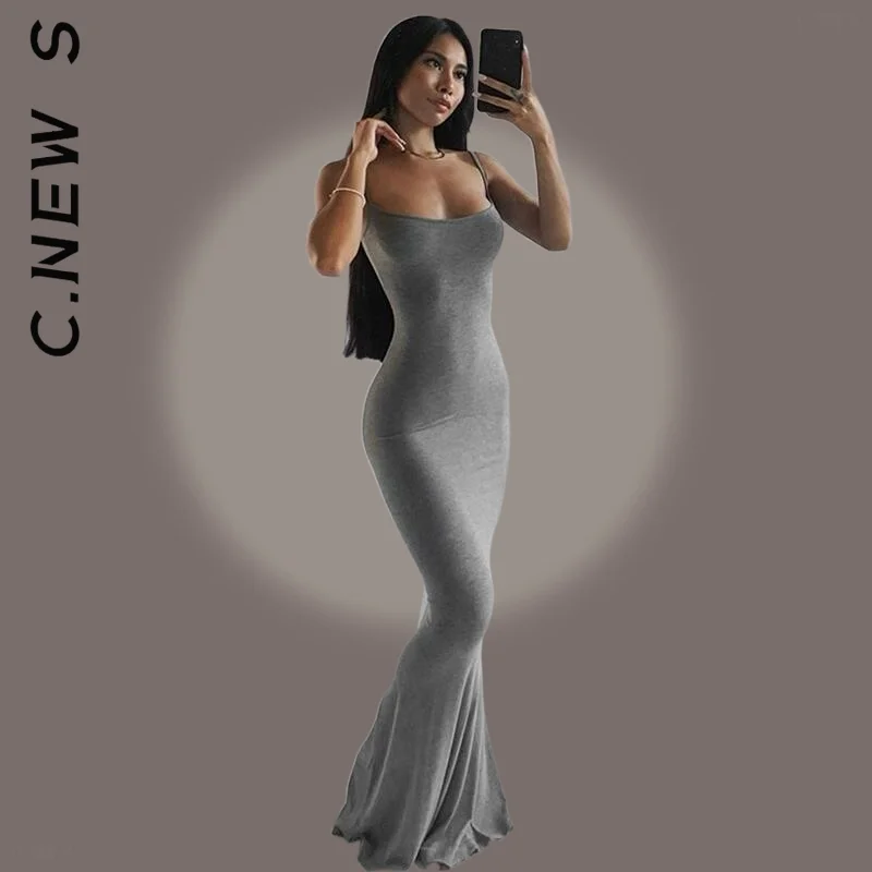 

C.New S Dress New Satin Slip Sleeveless Backless Slim Sexy Maxi Dress Elastic Sexy Dress Soft Vintage Vestidos Women Clothing