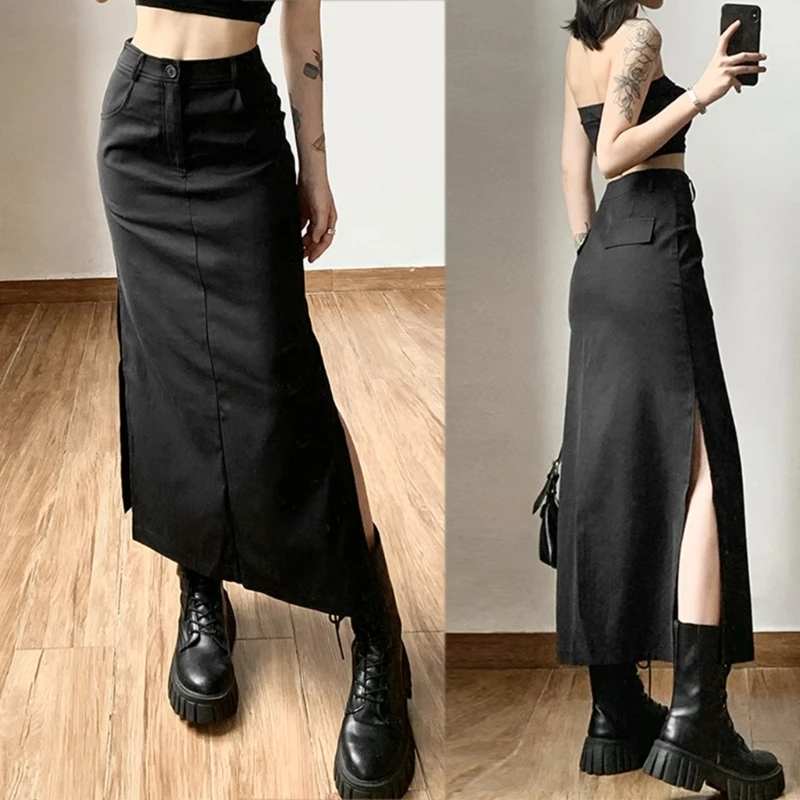 

Женская прямая Юбка-миди с высокой талией, винтажная однотонная облегающая трапециевидная юбка с разрезом и карманами в стиле Харадзюку, N7YD