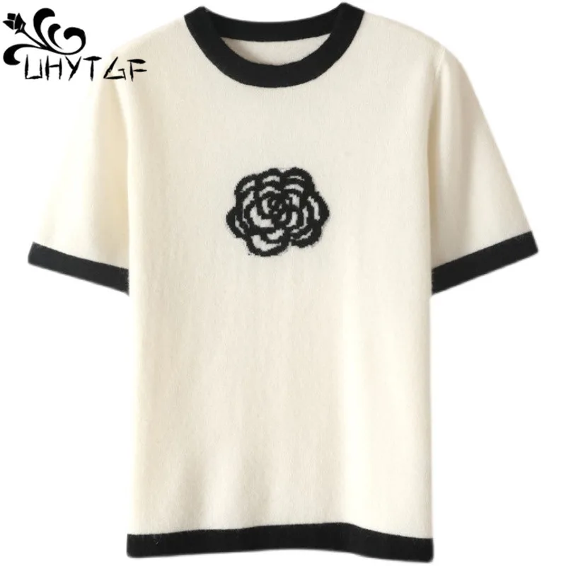 

UHYTGF Spring Summer Knit T-Shirt Womens Short-Sleeved O Neck Embroidery Camellia Tops Female White Black Casual Thin Clothes 40