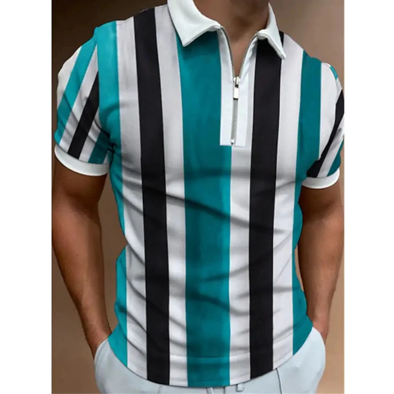 Summer Men's Short-Sleeved Luxury Polo Shirt American Flag Print Trend Casual Oversized Street Lapel Zipper Slim-Fit Clothing