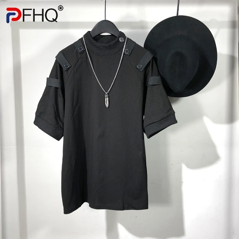 

PFHQ 2023 Summer New Fashion Casual For Men's T-shirt Solid Color Stand Collar Button Short Sleeve Loose Tops Men Tide 21F3906