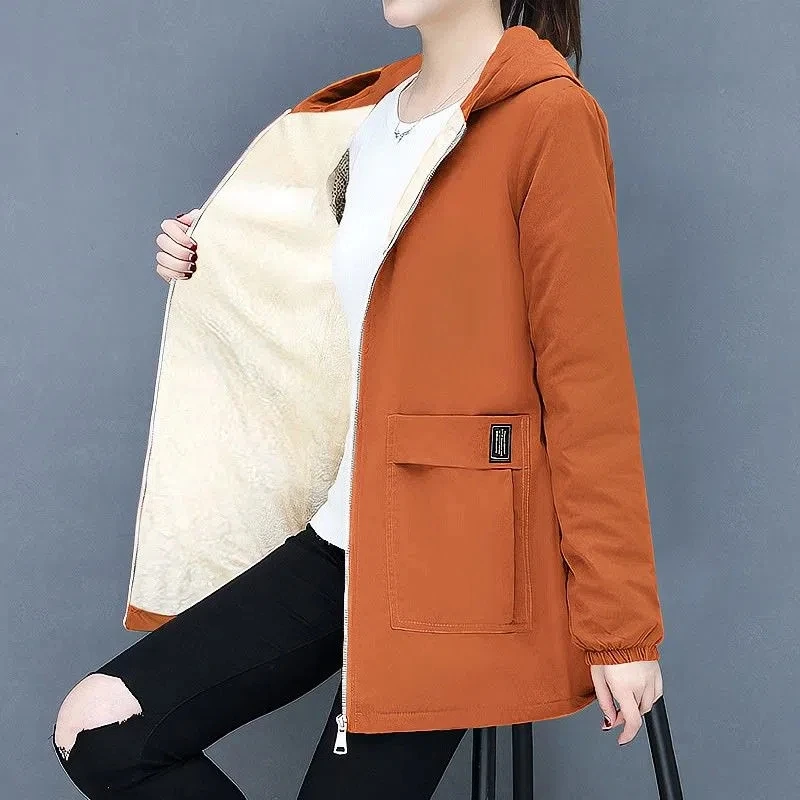 7XL Women Windbreaker 2022 New Autumn Women's Fleece Jacket  Casual Hooded Winter Overcoat Zipper Pocket Female Basic Coat