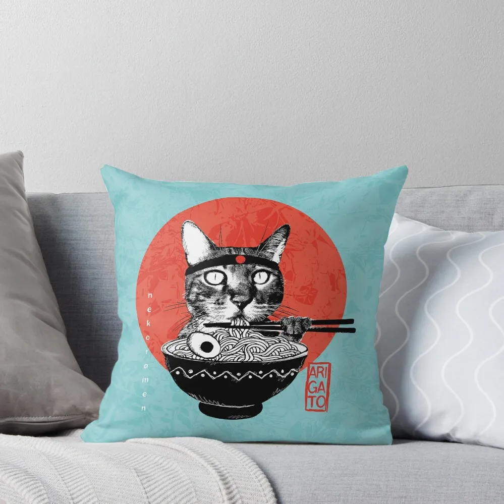 Неко рамен-Мистер мяу аригато бирюзовый фон декоративная подушка предметы