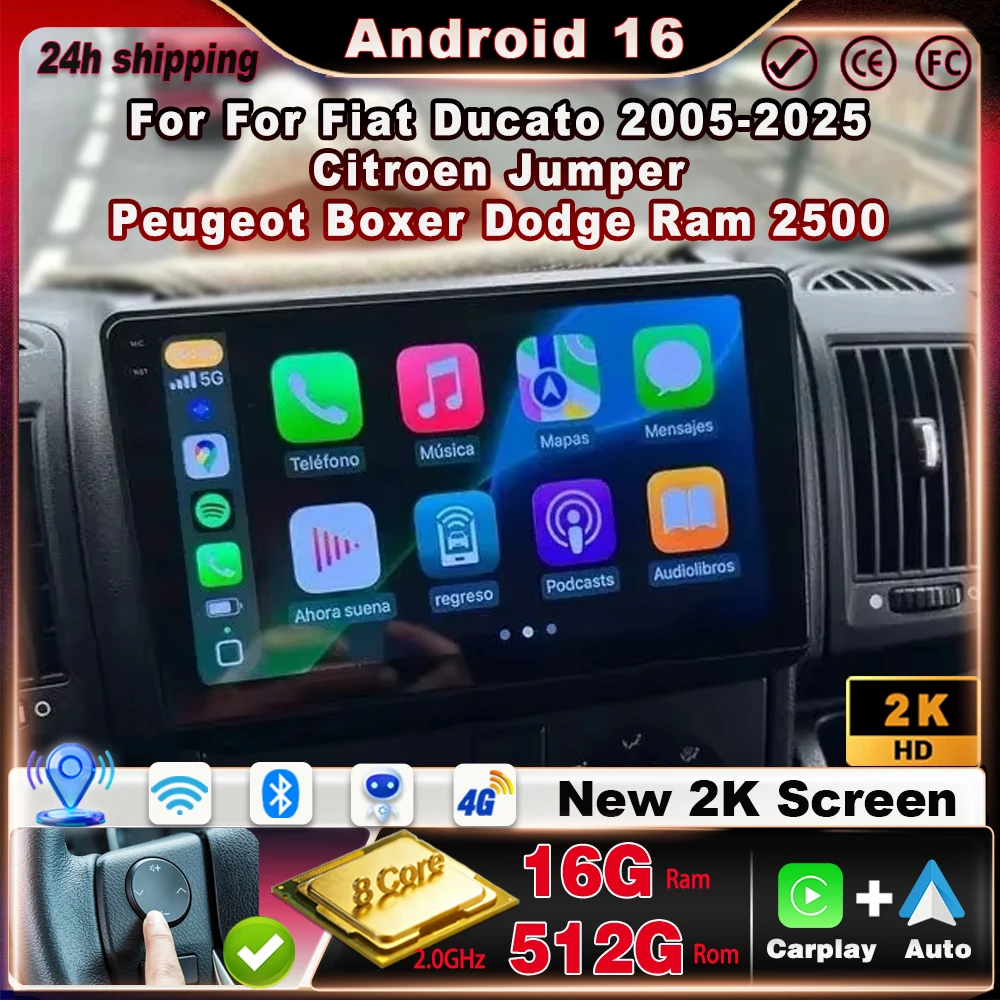 Фото Автомагнитола для Fiat Ducato 2005-2025, Citroen Jumper, Peugeot Boxer, Dodge Ram 2500, Android Auto, монитор, CarPlay, мультимедиа, стереосистема №1