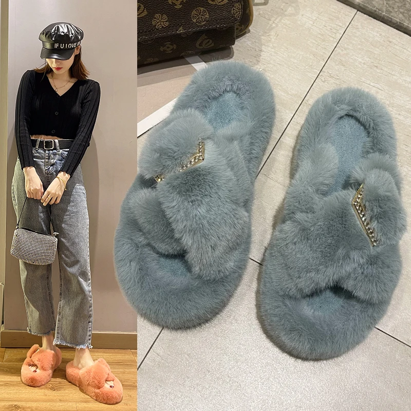 

Autumn/winter 2021 Women Shoe New Style Increased 4.8 Cm Height All-match Flat-bottomed Warm Home Fur Cotton Slippers