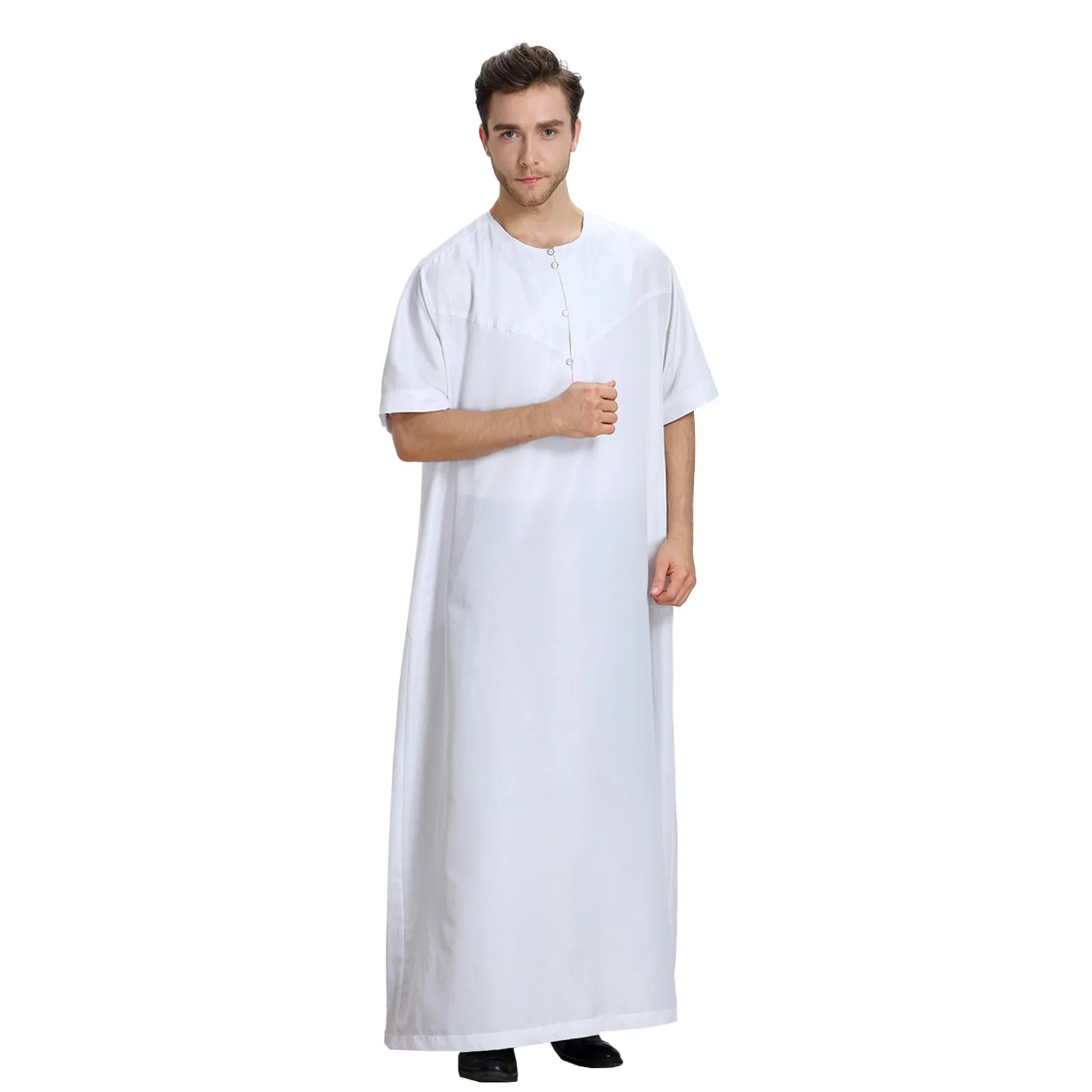 Men's Casual Muslim Arab Middle Solid Color Round Neck Short Sleeve Robe Chemise Solid Shirts