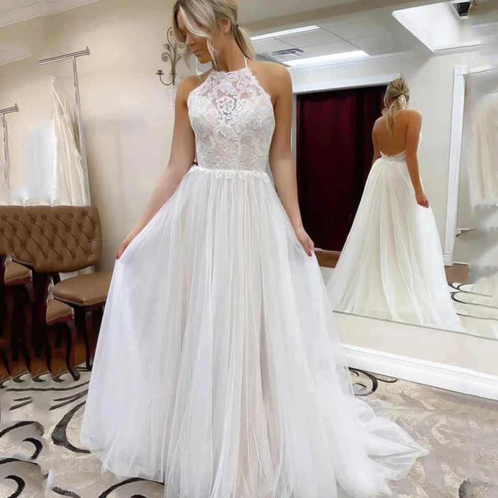 

Boho Wedding Dresses Hlter Sleeveless Backless Robe De Mariage 2022 Lace Applique Sweep Train Tulle A-Line Vestido De Noiva