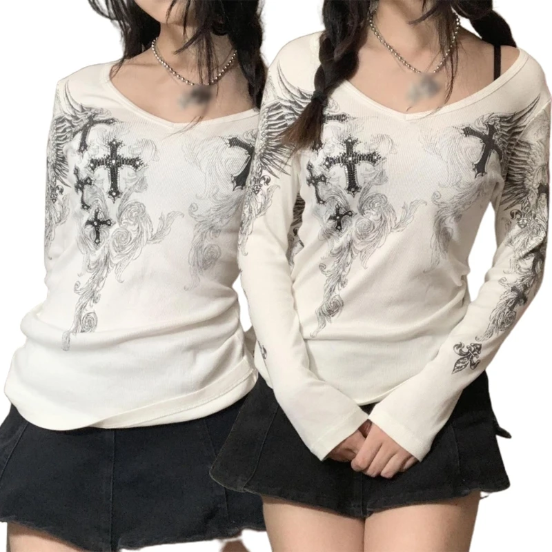 

Vintage Fairy Wings Printed T-shirt Long Sleeve Crop Top 90S Fashion Streetwear