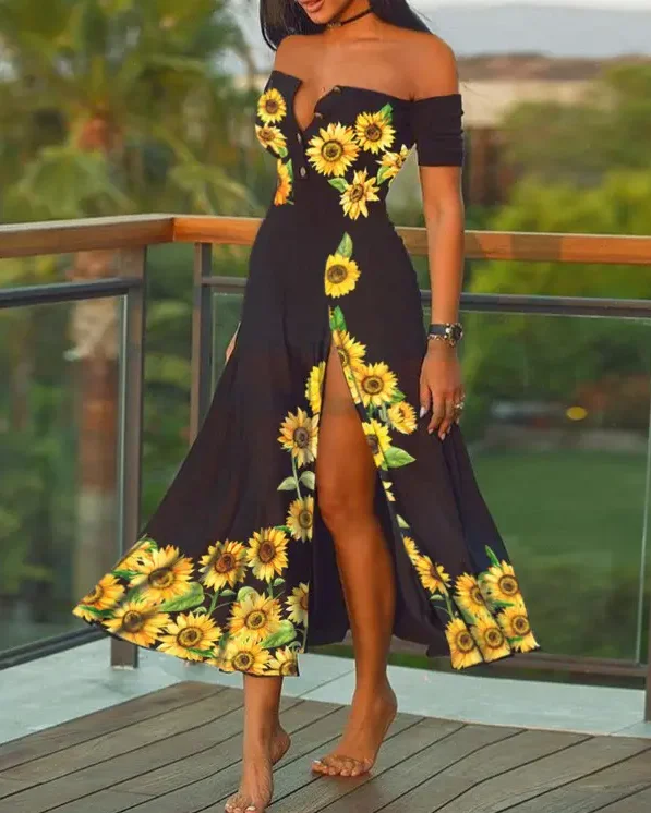 

Summer Woman Casual Chic Sunflower Print Off the Shoulder High Slit Short Sleeve Vacation Dress