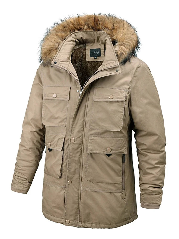 Winter Jacket Men Fur Collar Hooded Coat Thickening Casual Cotton Jackets Plus Velvet Parkas Long Windproof Overcoat Ropa Hombre