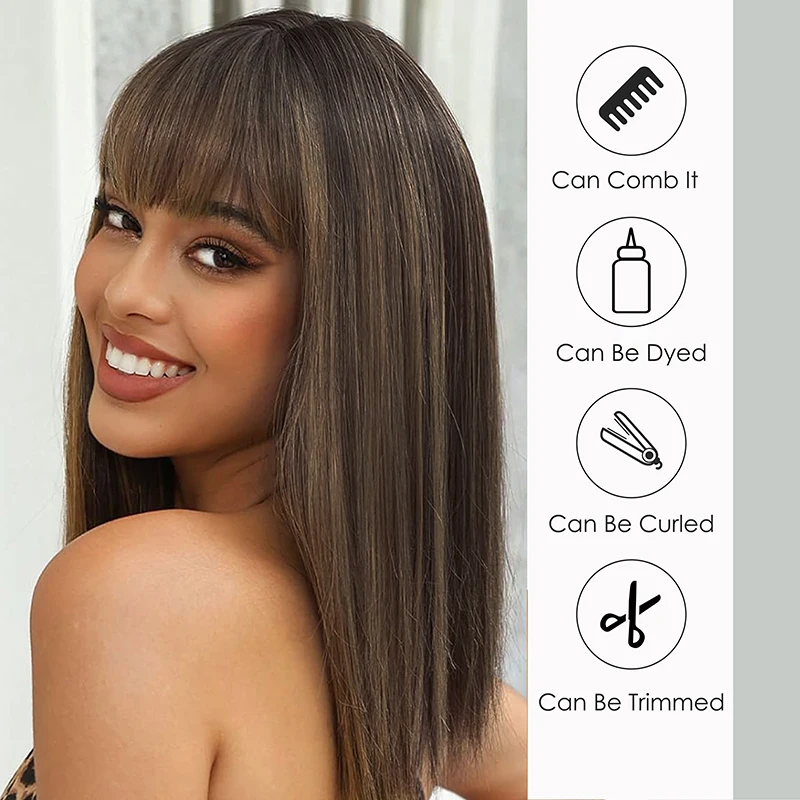 Yaki прямые коричневые выделяющиеся человеческие волосы парики для женщин челки