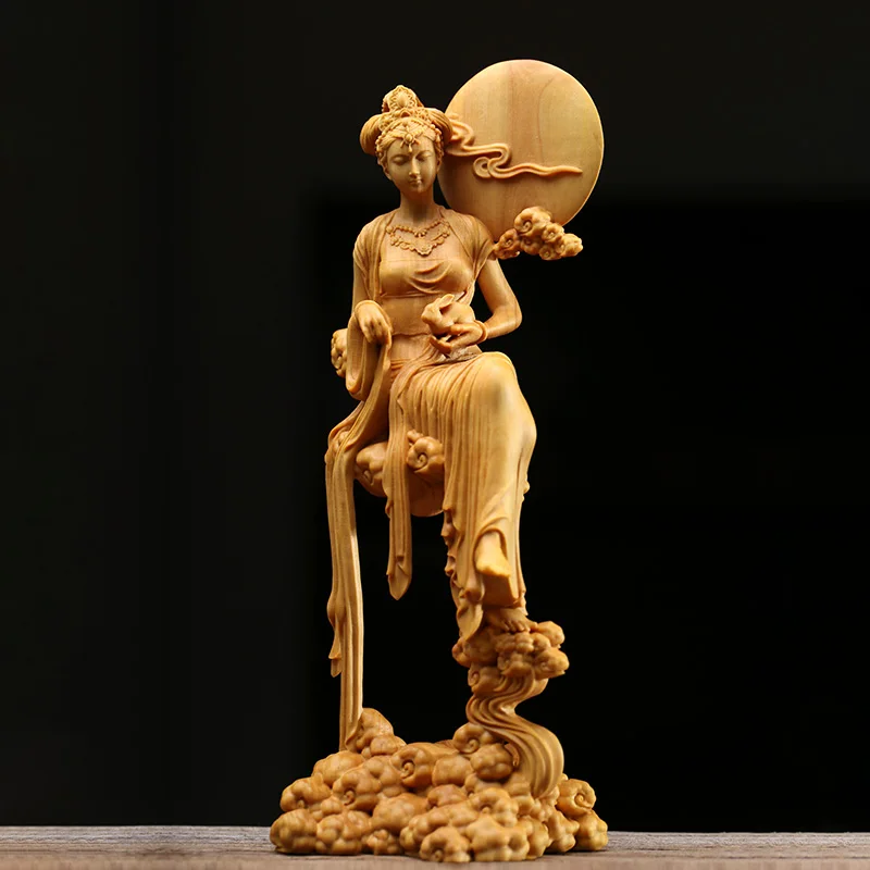 

Boxwood 18cm Chang'e Sculpture Beauty Figure Chinese Mythology Goddess of Moon Wood Statue Fairy Home Decor