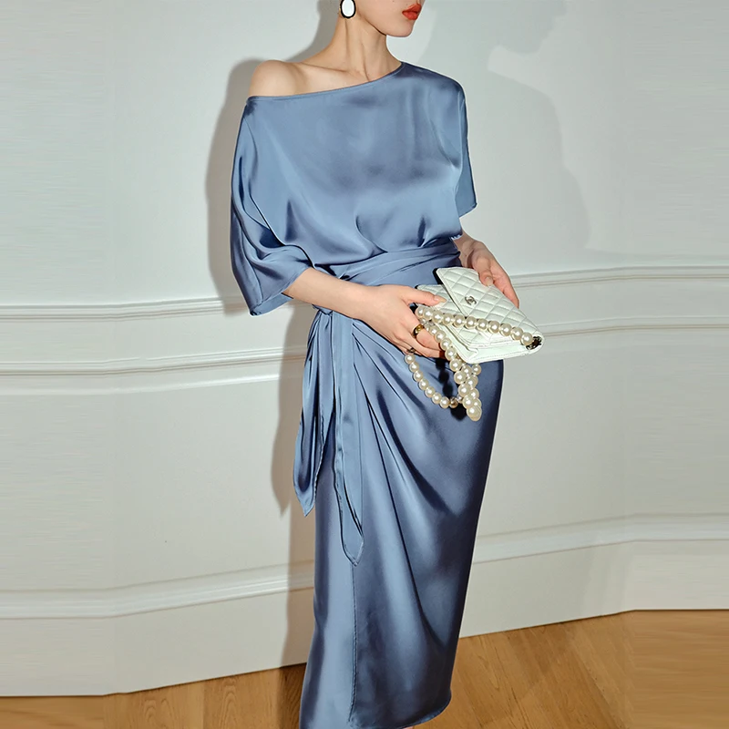 

Elegant Women Bule Sashes Asymmetrical Satin Midi Dresses for Women 2023 Summer Fashion Office Lady Solid Loose Long Dress