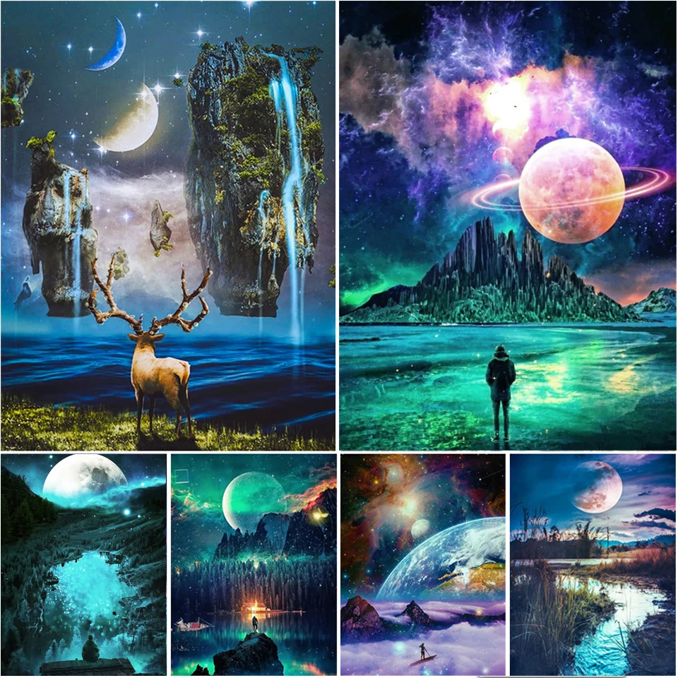 

Алмазная живопись Стразы 5D Бриллиантовая мозаика пейзаж Moon, Набор для вышивки крестиком, украшение для дома