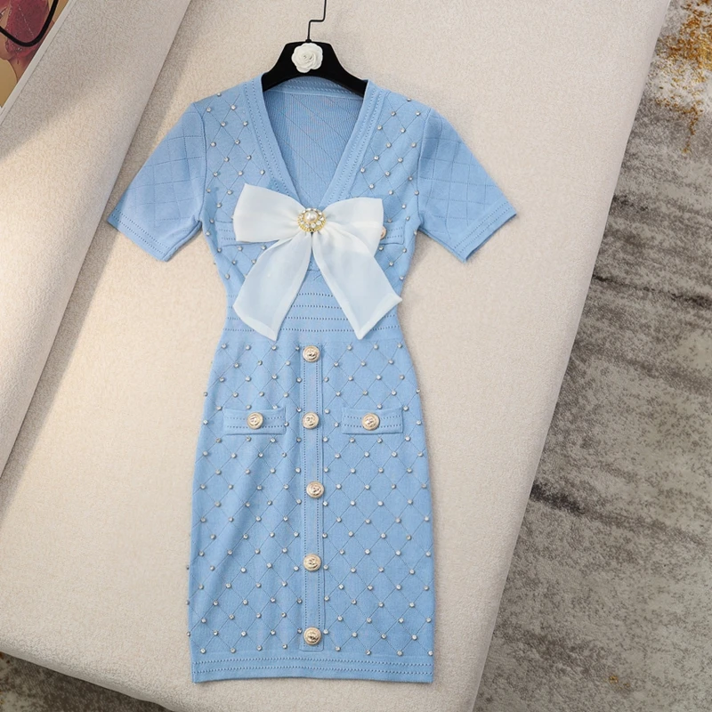 

Summer Small Fragrance Style Short-sleeved Knitted Dress Fashion Single-breasted Heavy Industry Beaded High Waist Knitted Dress
