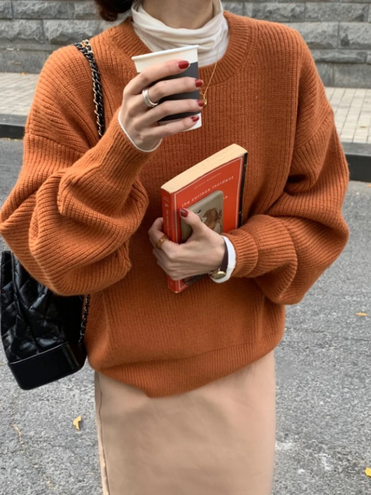 

Korobov Simple Wild Knitted Pullover O-neck Solid Color Warm Tops Female Long Sleeves Vintage Thick Needle Sweater Suéteres