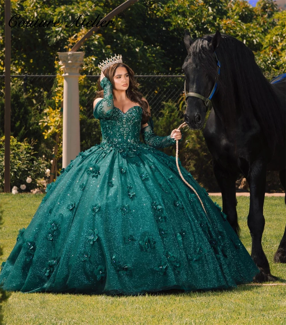 

Three Quarter Sleeve Off The Shoulder Beaded 3D Flowers Quinceanera Dresses For Girl Ball Gown Wedding Dress Sweet 15 16 Dress