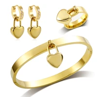 jinhui love heart jewelry set stainless steel cuff heart charm bangle bracelet for women gold color pendant earrings finger ring