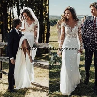 sheath mermaid wedding dresses 2022 long sleeves lace appliques garden bridal gowns customized formal long robe de mariee