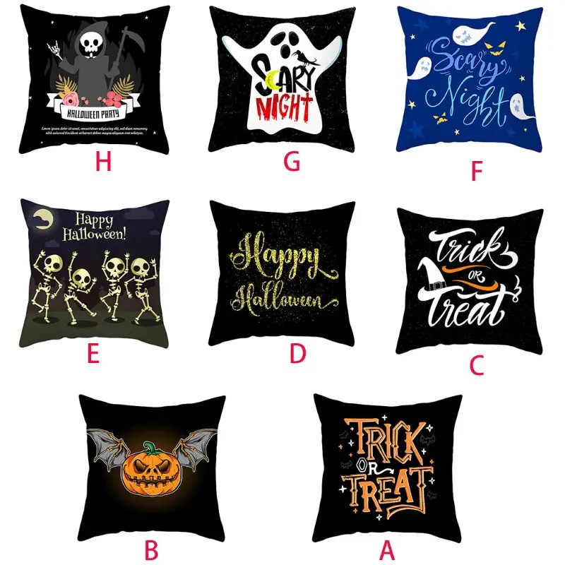 

New Happy Halloween Car Sofa Throw Pillow Case Cartoon Death Ghost Pumpkin Letters Digital Print Polyester Decorative Square