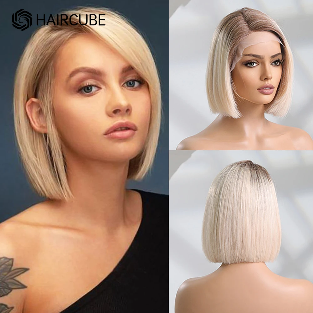 HAIRCUBE Straight Bob Wig 13*1 Transparent Lace Front Wigs for Women Blonde Wig with Dark Roots Ombre Platinum Human Hair Wigs