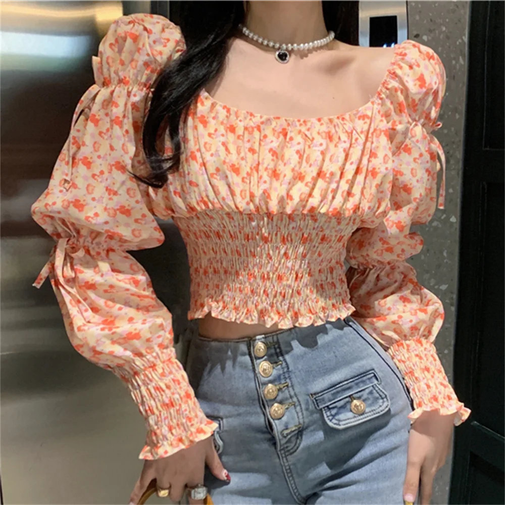 

HziriP Sexy Summer Slash Neck Blouses Women Florals High Waist 2022 Printing Fashion OL Elastic New Lady Casual Chic