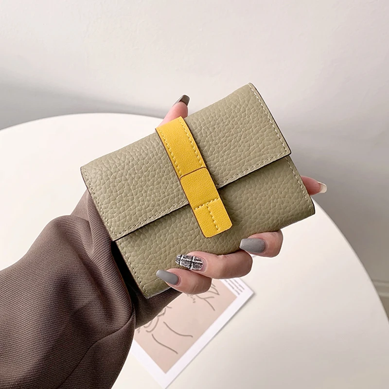 Classic Ladies Fashion Design Leather Coin Purse Lychee Texture Multi Card Slot Buckle with Zipper Compartment