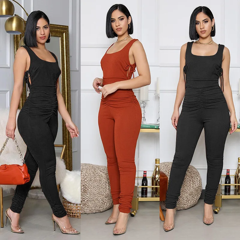 

Prettyshe Spring New Women's Fashion Casual Pleated Jumpsuit Sleeveless Sling Lacing Rompers Clothes Bodycon Jump Suits