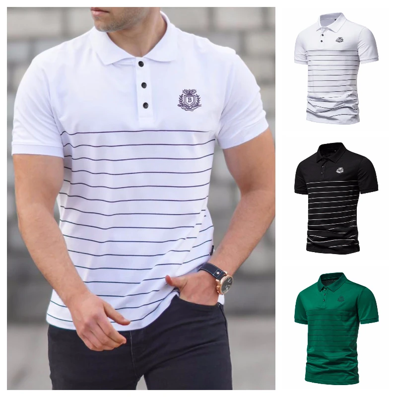 

Мужская футболка-поло в полоску, с коротким рукавом, 3 цвета