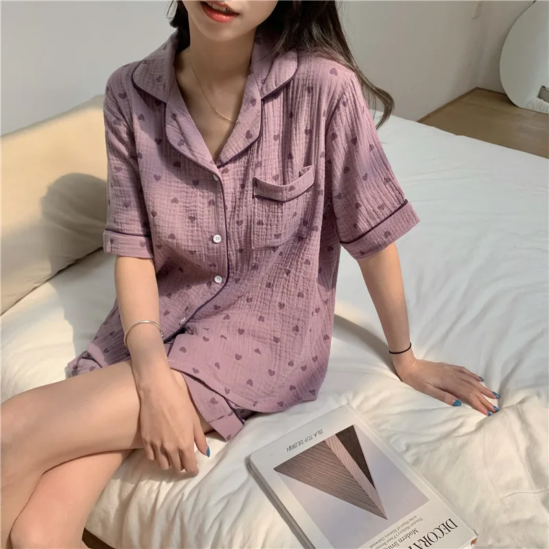 Heart Print Summer Pajamas Set 100% Cotton Single Breasted Shirts + Shorts Suit Sweet Kawaii Sleepwear Loose Homewear Vintage