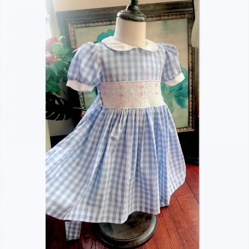

Baby Girls Smocked Dresses Children Embroidery Vintage Plaid Frocks Infant Smocking Handmade Dress Kids Boutiques Clothing