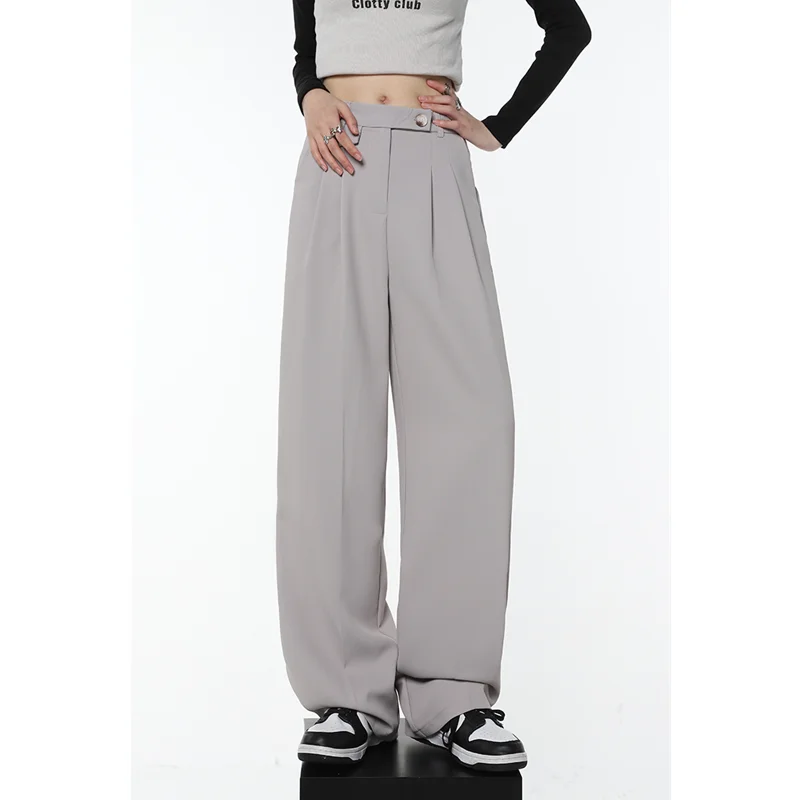 

Grey Womans Pants High Waist Vintage Advanced Sense Straight Trouser American Baggy Wide Leg Casual Draping Feeling Suit Pants