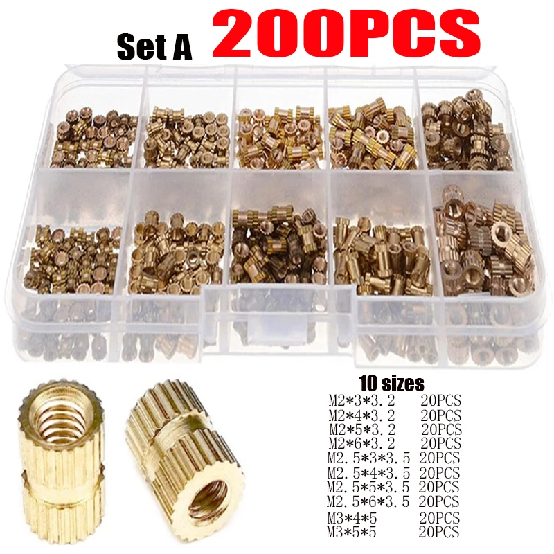 

200pcs M2 M2.5 M3 Solid Brass Copper Injection Molding Knurl Insert Nut Embedded Nutsert Assortment Kit Set