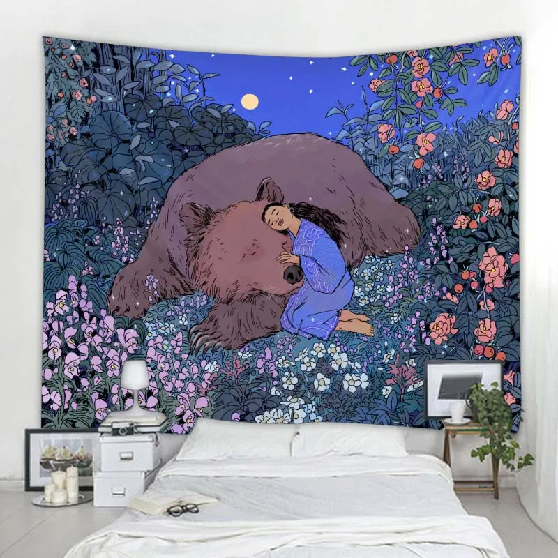 

Mysterious forest tapestry jungle animal illustration wall hanging boho room decoration kawaii children's room wall decoration