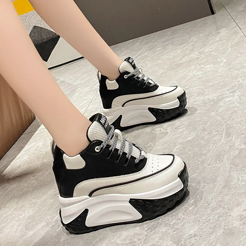 

Women Platform Breathable Leather Shoes New Autumn Chunky Sneakers 10CM Wedge Hidden Heels Leisure Sports Casual Dad Shoes Woman