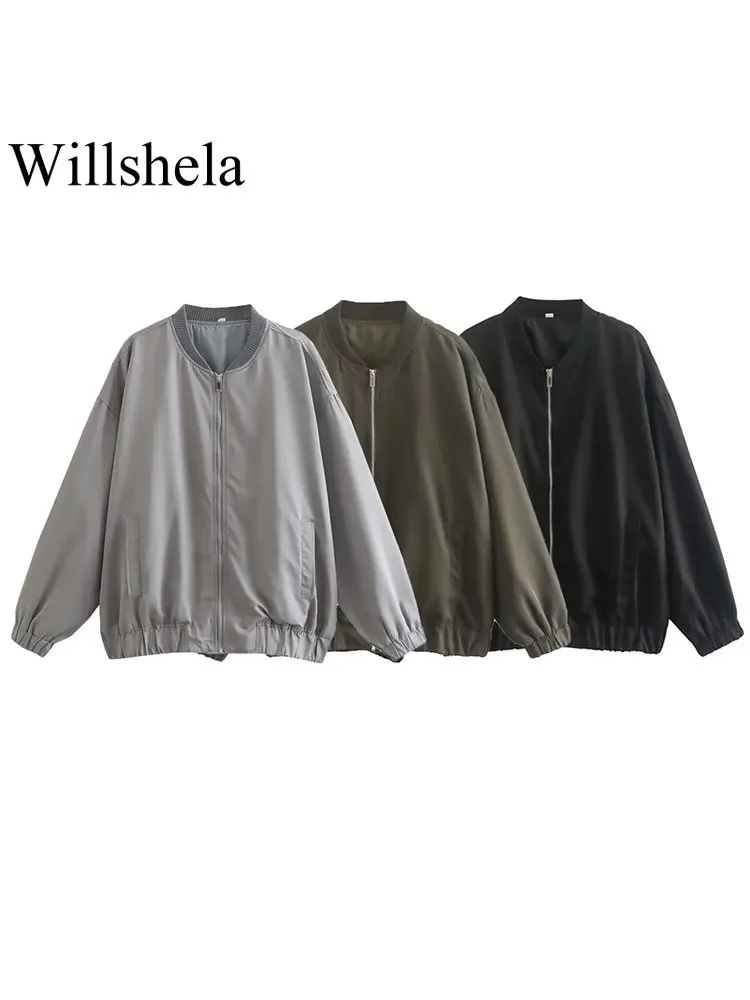 

Willshela Women Fashion Solid Front Zipper Bomber Jackets Vintage O-Neck Long Sleeves Female Chic Lady Top Outfits