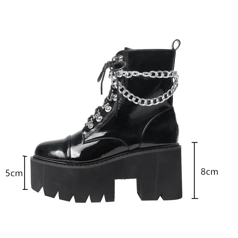 

Женские ботильоны на платформе, черные повседневные ботинки на танкетке, со шнуровкой и цепочками, в готическом стиле, большие размеры 35-42, о...