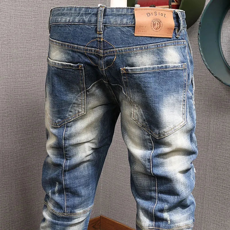 Fashion Streetwear Men Jeans Retro Washed Blue Elastic Slim Fit Ripped Jeans Spliced Designer Hip Hop Denim Biker Pants Hombre