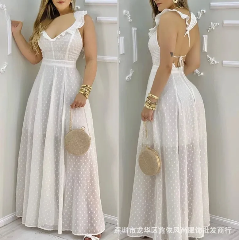 

2023 Summer Long Strap V-Neck Large Swing Solid Color Dress Women's High Waist Fashion Sweet Girl Elegant Dresses