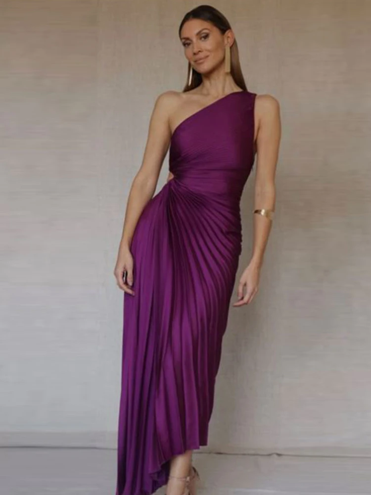 

Women Solid Pleated Dress Summer Sexy One Shoulder Sleeveless Irregular Backless Dresses Female Vintage Elegant Evening Dresses