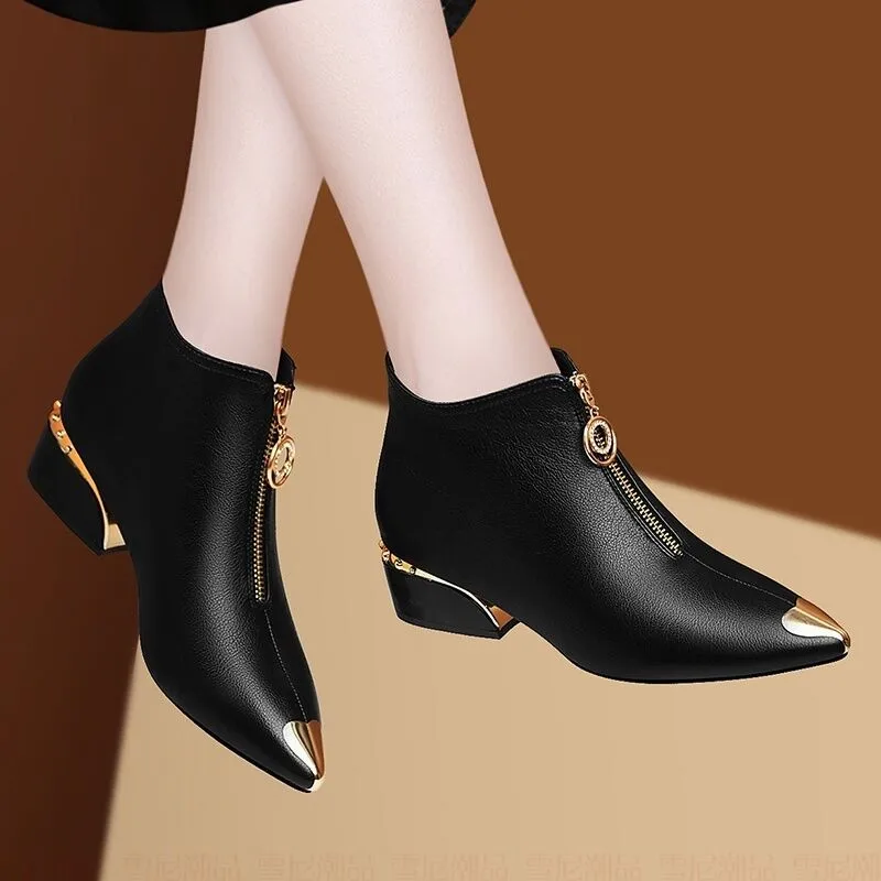 

Женские модные ботинки, короткие ботинки, женские осенне-зимние ботильоны на высоком каблуке, новинка 2022, с металлическим острым носком, ботинки на толстом каблуке для женщин