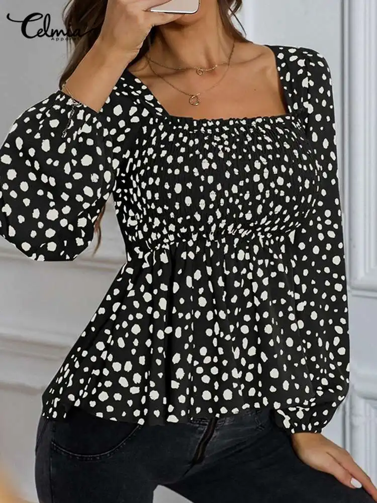 

Винтажные блузки с пышными рукавами и баской, модные топы Celmia с леопардовым принтом, женские рубашки с квадратным воротником, осенние класс...