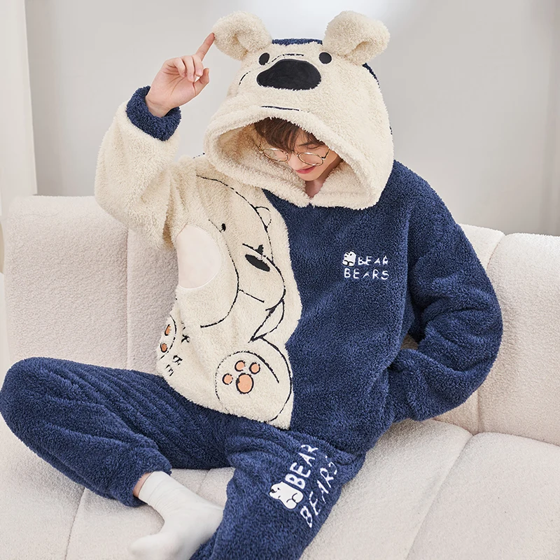 Couple Pajamas Set Women Men Winter Thicken Hoodies Pyjamas Sleepwear Cartoon Bear Kawaii Adult Warm Pijamas Suit Nightdress
