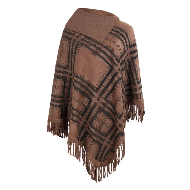 

Spring Autumn High Collar Knitted Shawl Women's Warm Tassel lattice Imitation Cashmere Poncho Lady Capes Khaki Cloaks